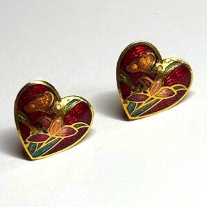 Cloisonné Butterfly & Flower Enamel Heart Stud Earrings